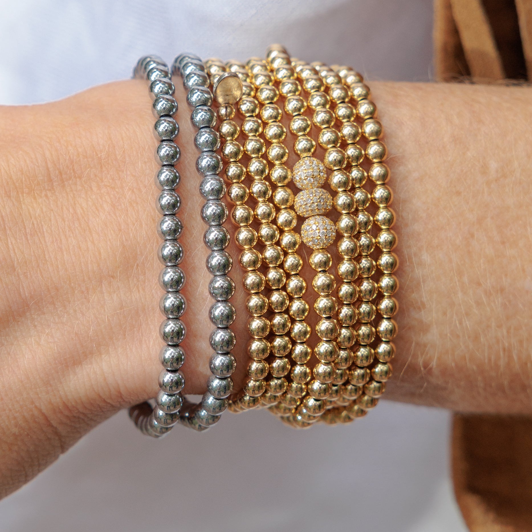 4mm Gold Filled Beads and Yellow Gold Diamond Accent Seven Wrap Bracelet