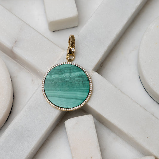 14 Karat Yellow Gold and Diamond Trimmed Malachite Disk Clip Charm