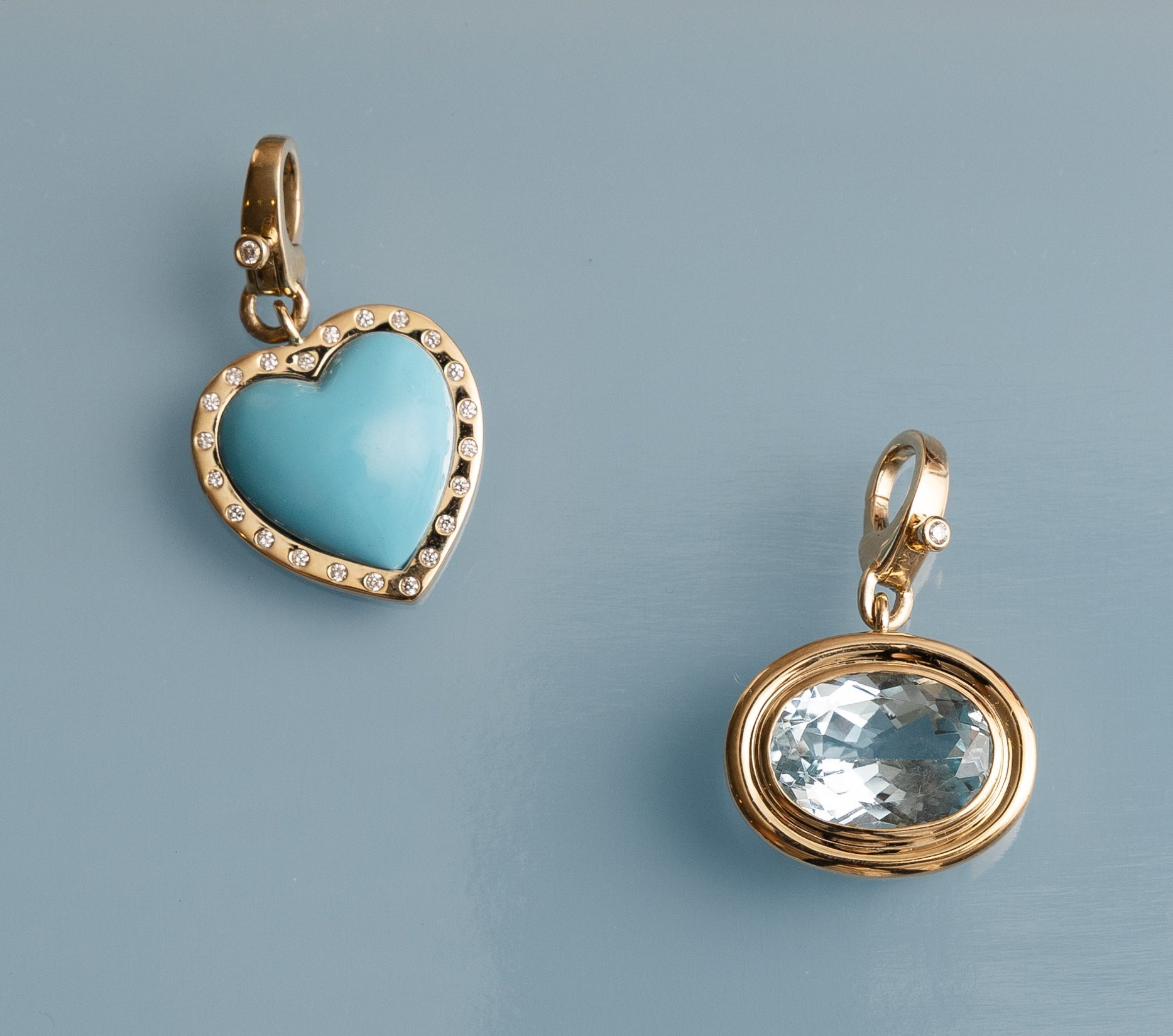 14 Karat Yellow Gold and Diamond Turquoise Heart Clip Charm