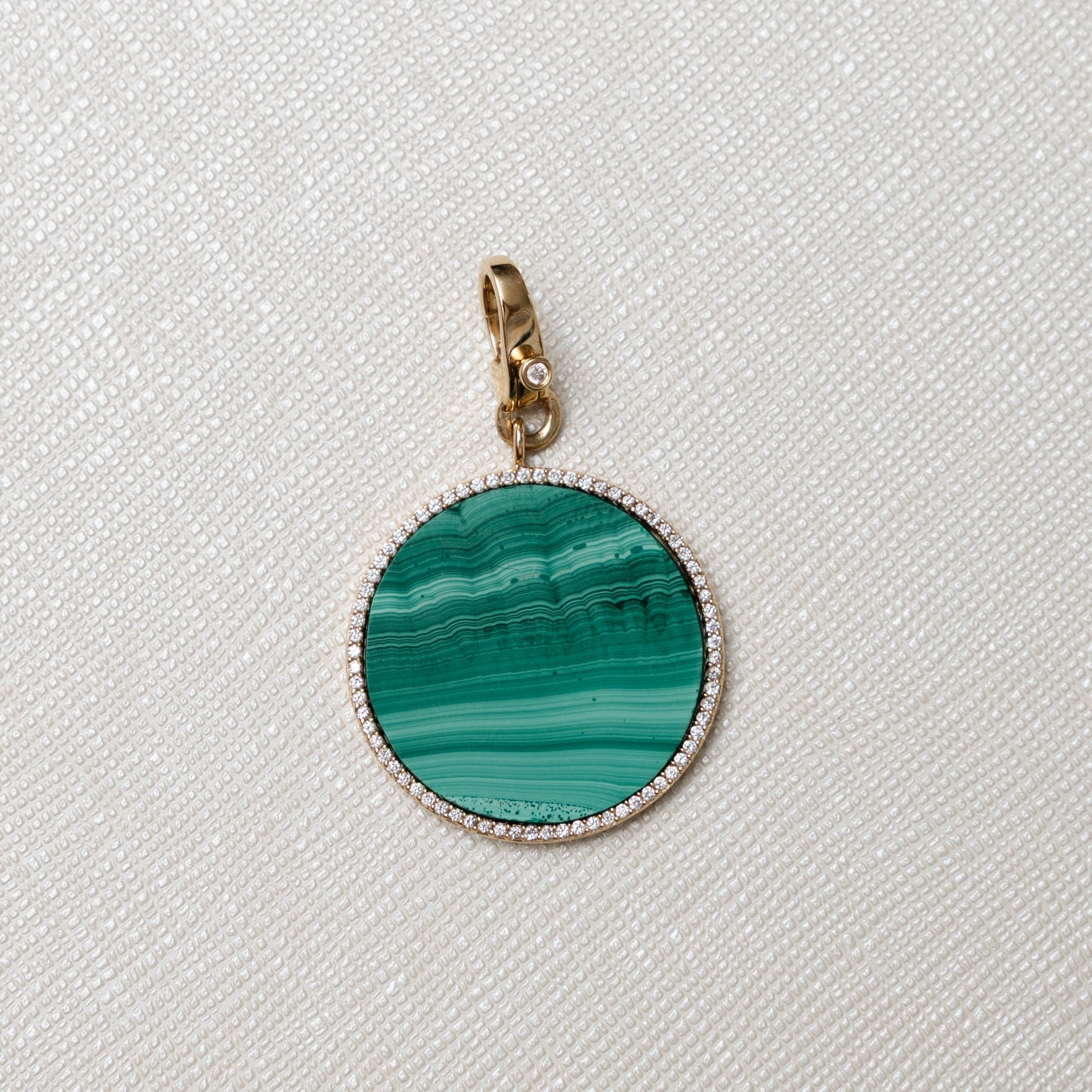 14 Karat Yellow Gold and Diamond Trimmed Malachite Disk Clip Charm