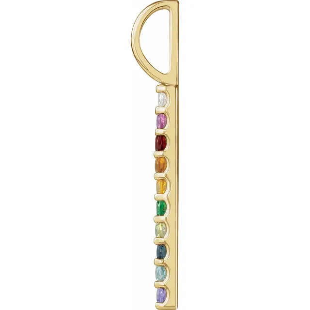 14 Karat Yellow Gold and Rainbow Gemstone Single Line Pendant
