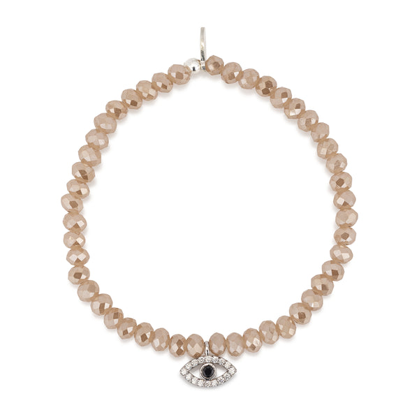 4mm Champagne Crystal and Silver Evil Eye CZ Beaded Bracelet