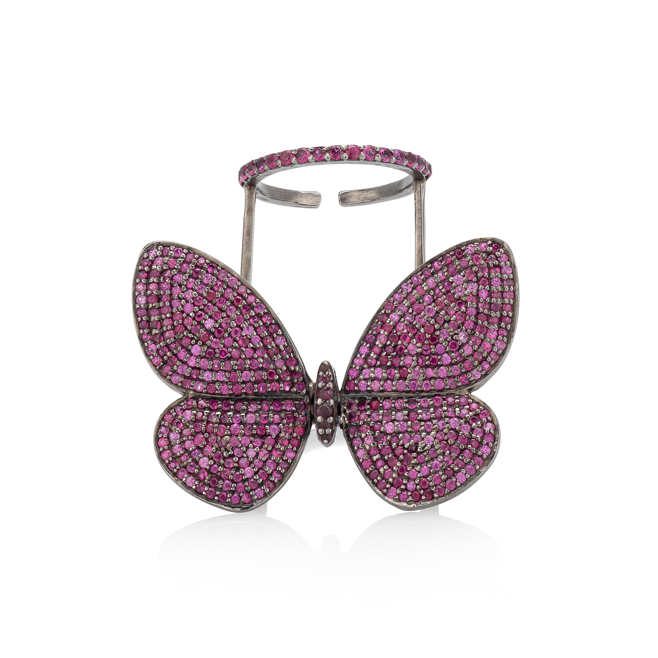 Black Rhodium Silver and Pink Sapphire Fluttering Butterfly Ring