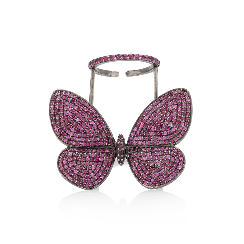 Black Rhodium Silver and Pink Sapphire Fluttering Butterfly Ring