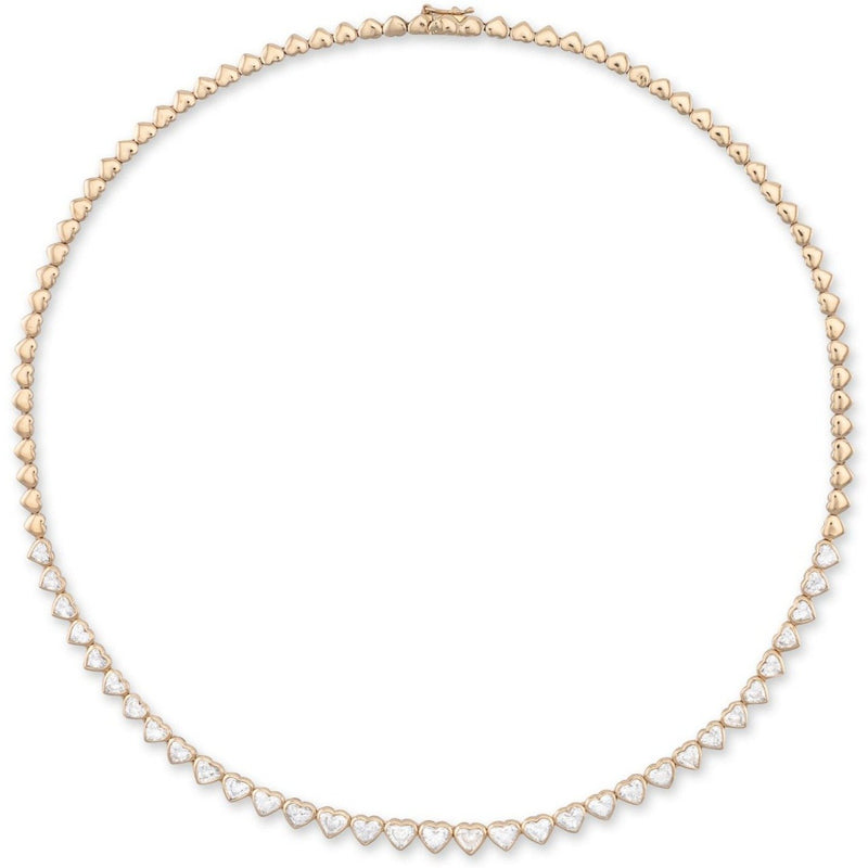 Yellow Gold Bezel Set 8.00cts Full Cut Diamond Heart 17.00" Tennis Necklace