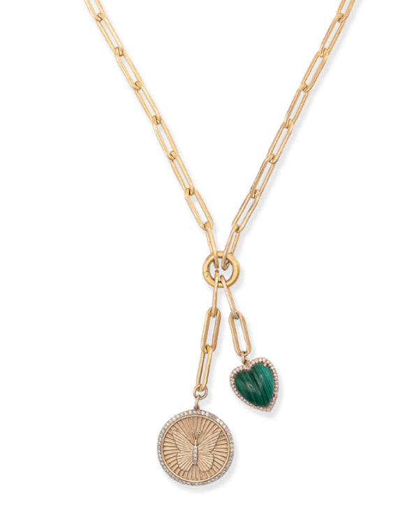 Gold Filled Chain with Gold and Diamond Butterfly and Malachite Heart Pendant Necklace