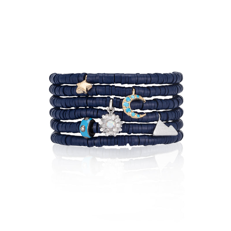 4mm Midnight Blue Vinyl and Silver Flower Charm Bracelet