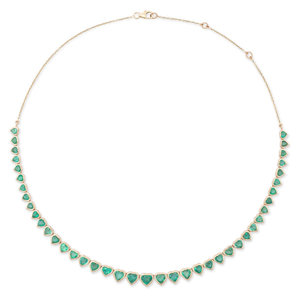 Yellow Gold Bezel Set Full Cut Emerald Heart Tennis Necklace