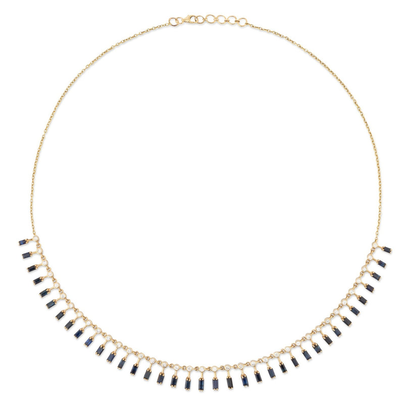 14 Karat Diamond and Blue Sapphire Baguette Necklace