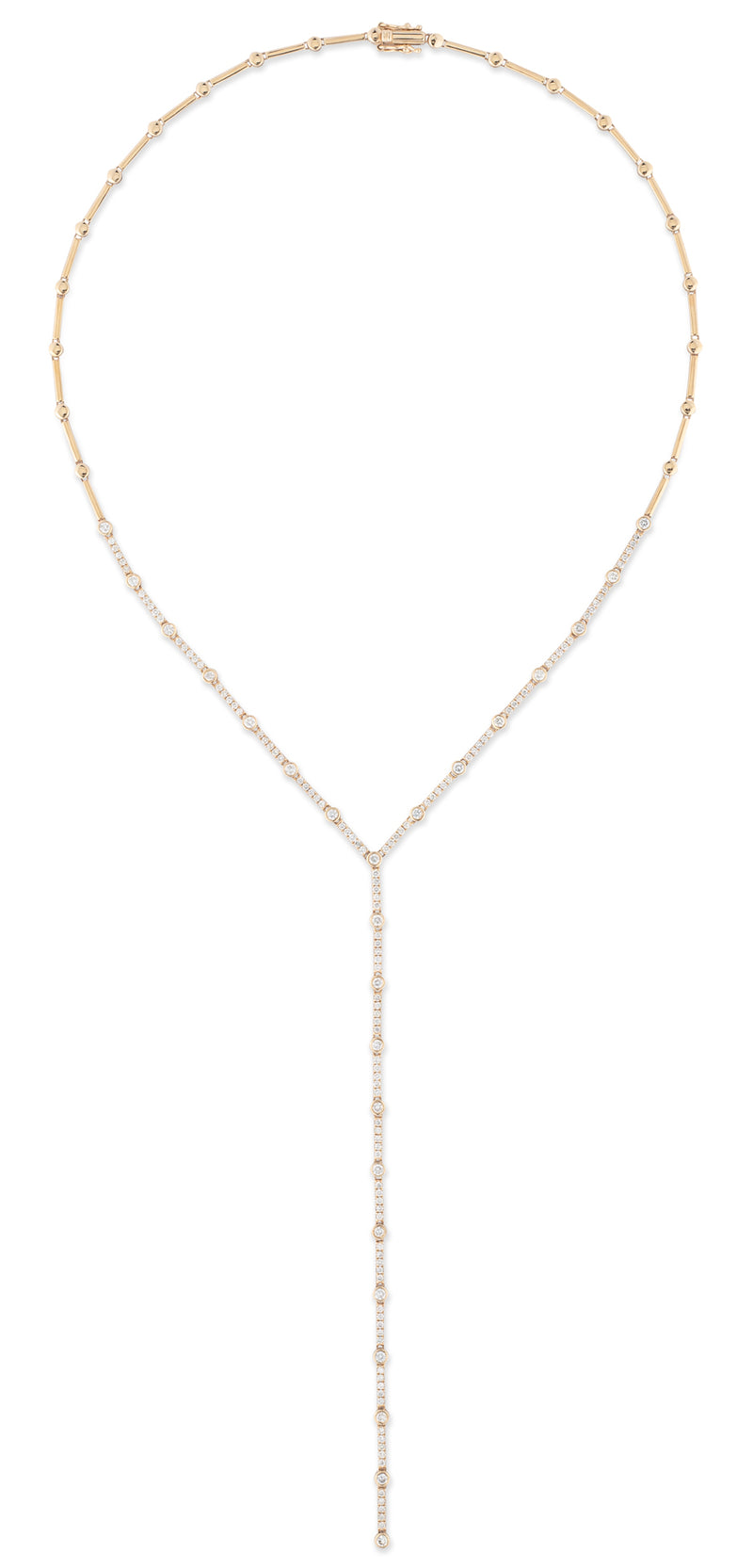 14 Karat Yellow Gold Lariat Diamond Bezel Necklace
