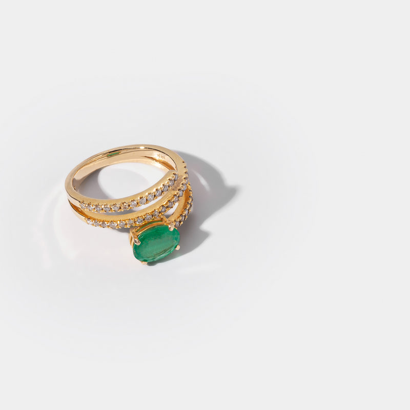 14 Karat Triple Wrap Diamond and Oval Emerald Ring