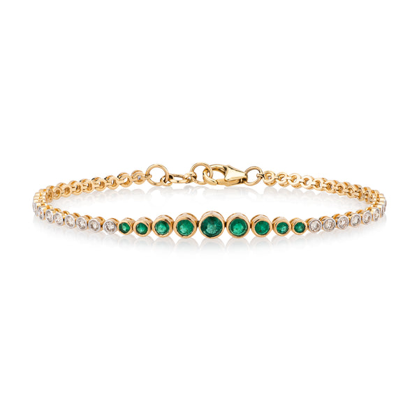 14 Karat Yellow Gold Diamond and Emerald Bezel Tennis Bracelet