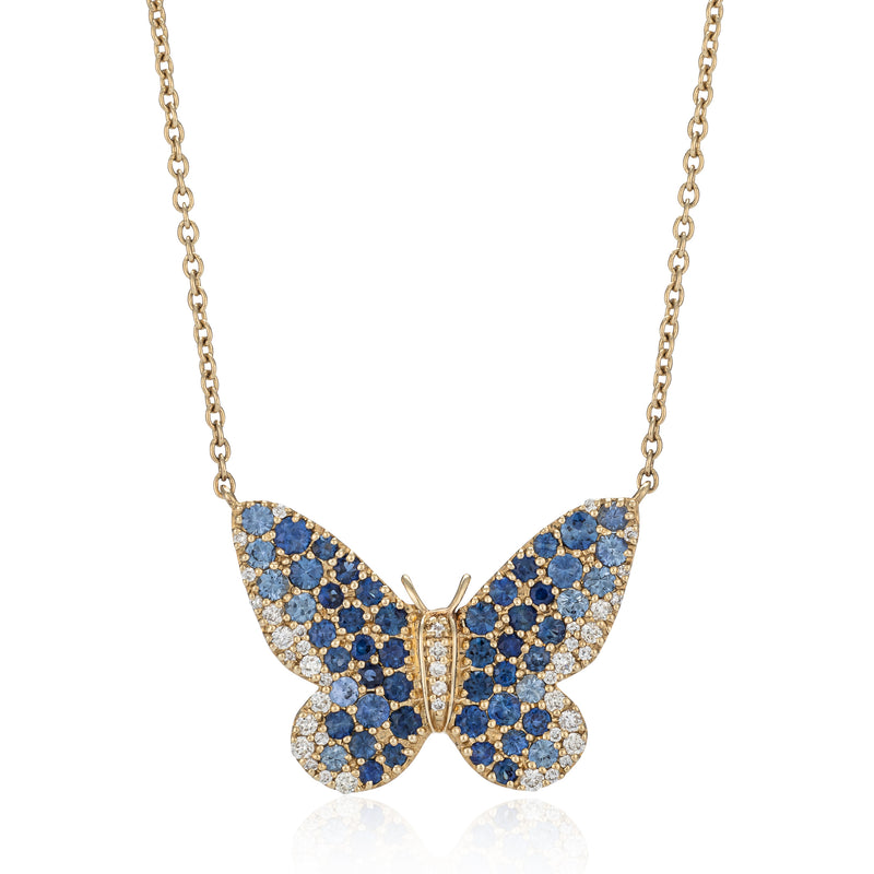 14 Karat Yellow Gold Blue Sapphire Ombré Butterfly Necklace
