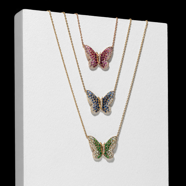 14 Karat Yellow Gold Tsavorite Ombré Butterfly Necklace