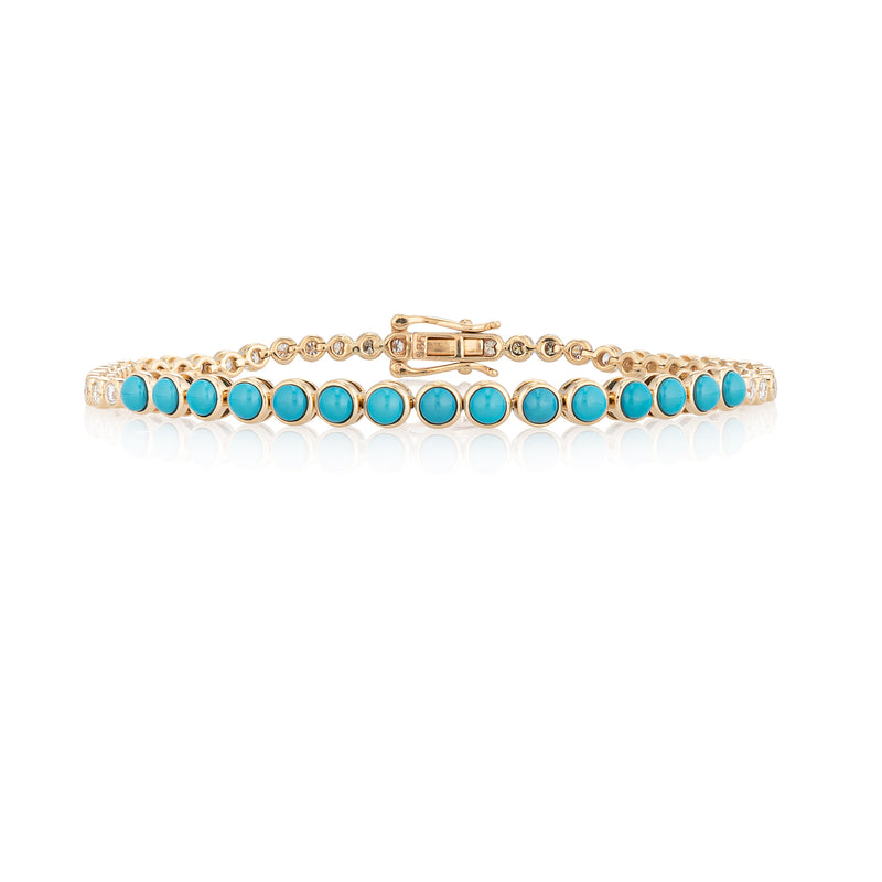 14 Karat Diamond and Turquoise Bezel Tennis Bracelet