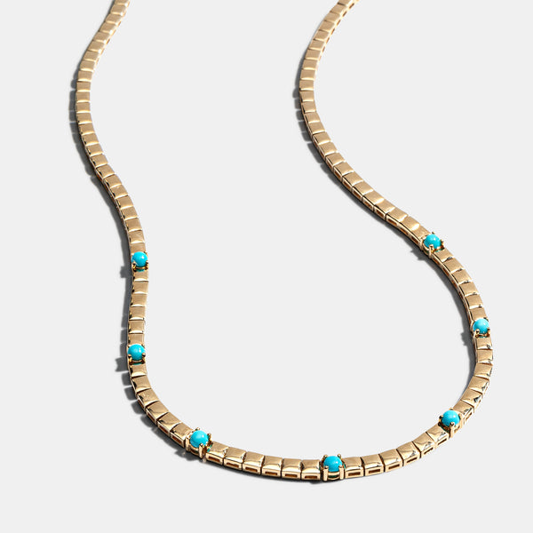 14 Karat Yellow Gold Seven Round Turquoise Tennis Necklace