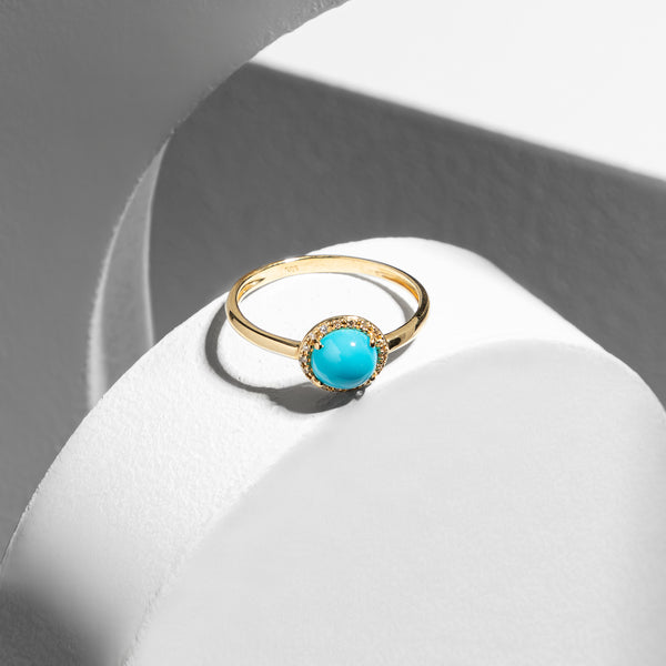 14 Karat Yellow Gold and Diamond Turquoise Halo Ring