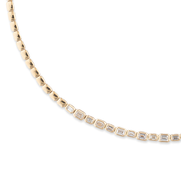 14 Karat Alternating Bezel Diamond Emerald Tennis Necklace