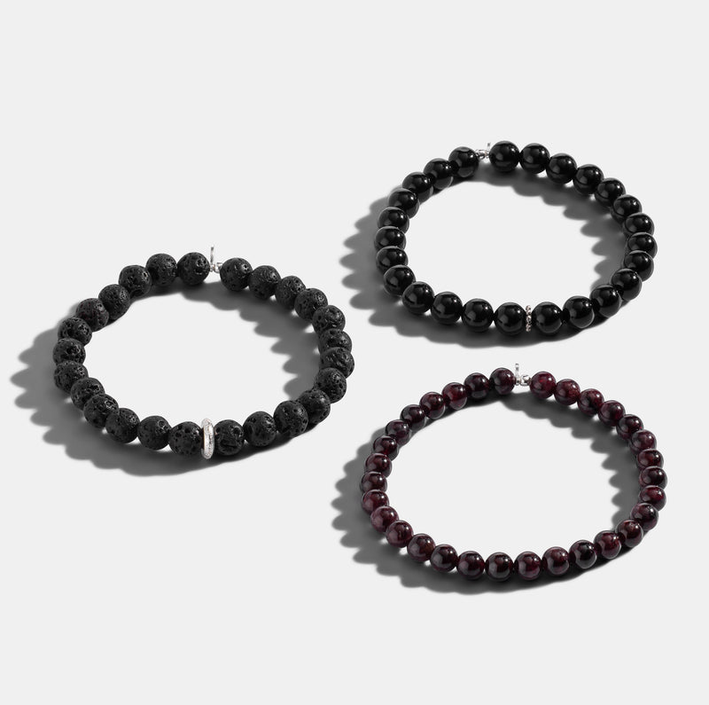 Mens Lava and Silver Disk Beaded Bracelet