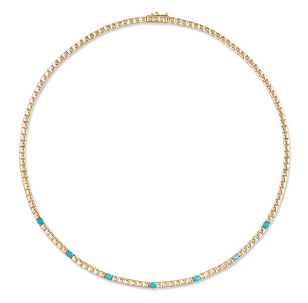 14 Karat Yellow Gold Seven Round Turquoise Tennis Necklace