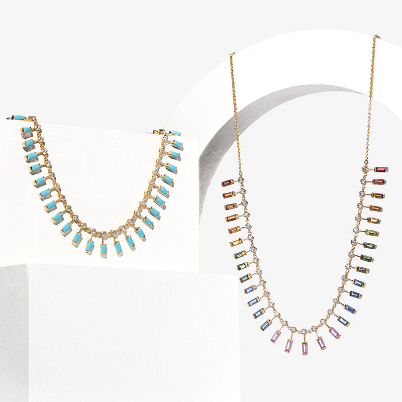 14 Karat Diamond and Turquoise Baguette Necklace