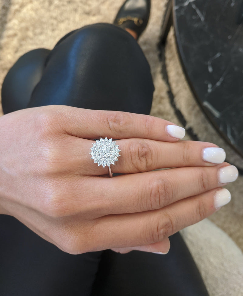 White Gold Pave Flower Diamond Ring 1.15cts Size 6.75