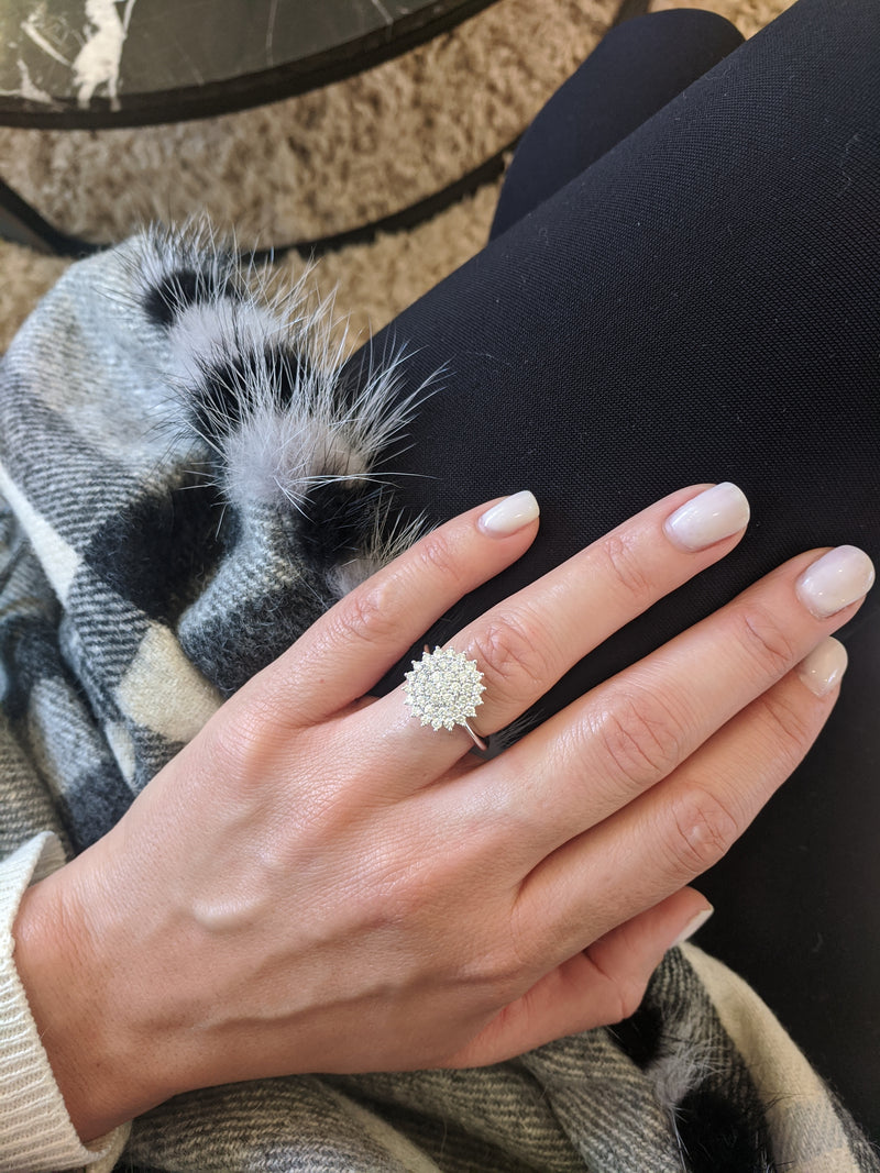 White Gold Pave Flower Diamond Ring 1.15cts Size 6.75