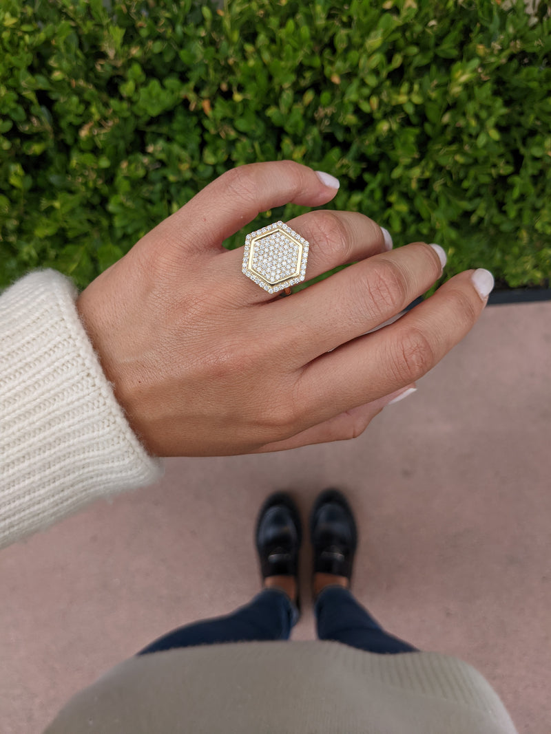 18 Karat Yellow Gold and Diamond Hexagon Ring