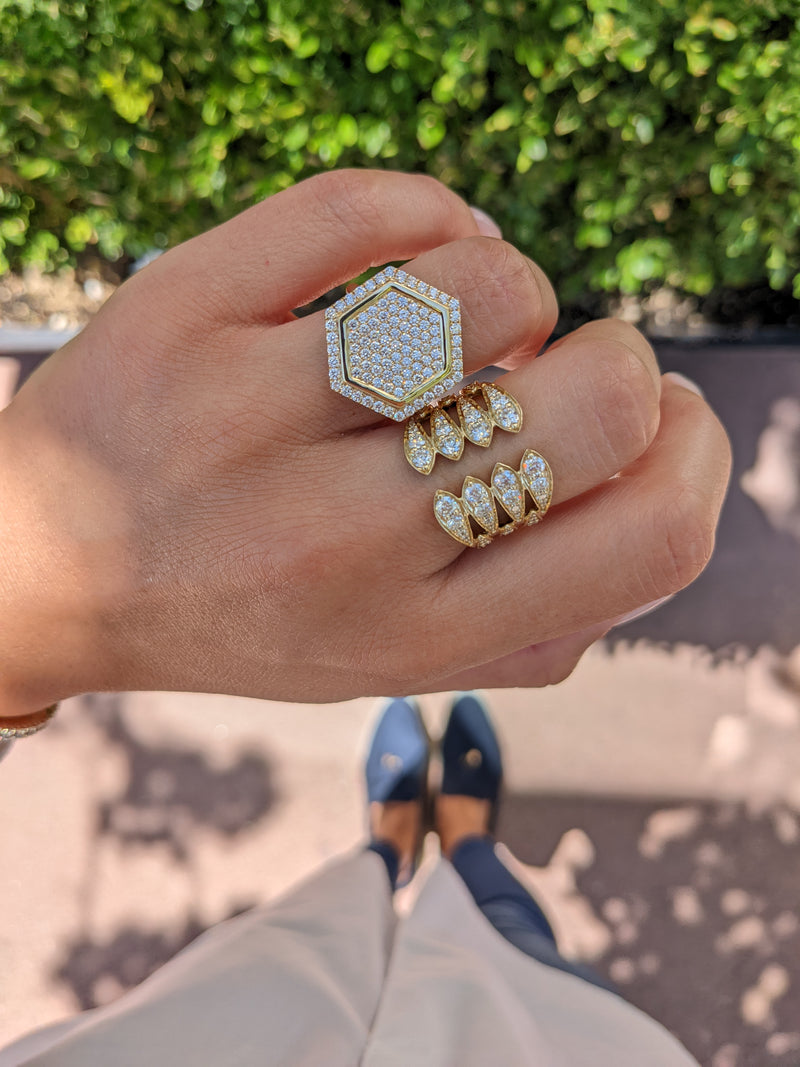 18 Karat Yellow Gold and Diamond Hexagon Ring