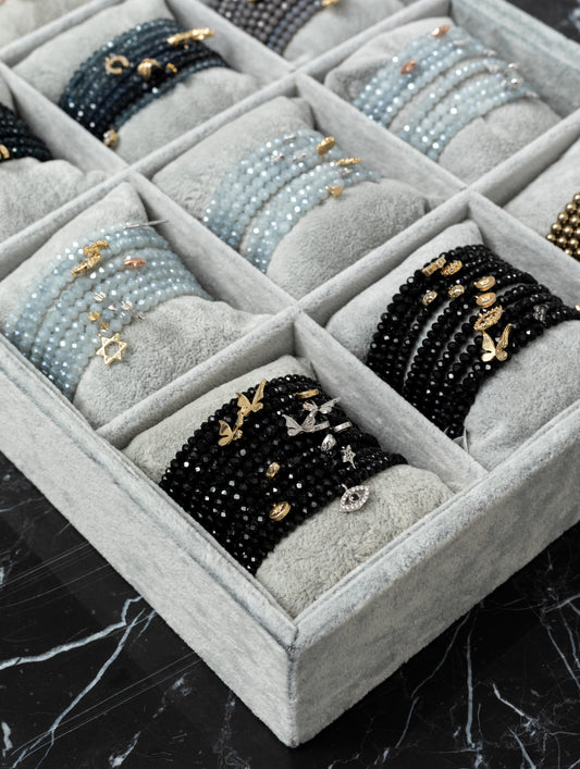 Black Crystal & Silver CZ Evil Eye Charm Beaded Bracelet