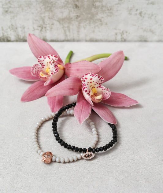 Black Crystal and Rose CZ Evil Eye Charm Bracelet