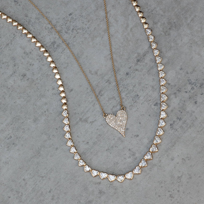 Yellow Gold Bezel Set 8.00cts Full Cut Diamond Heart 17.00" Tennis Necklace
