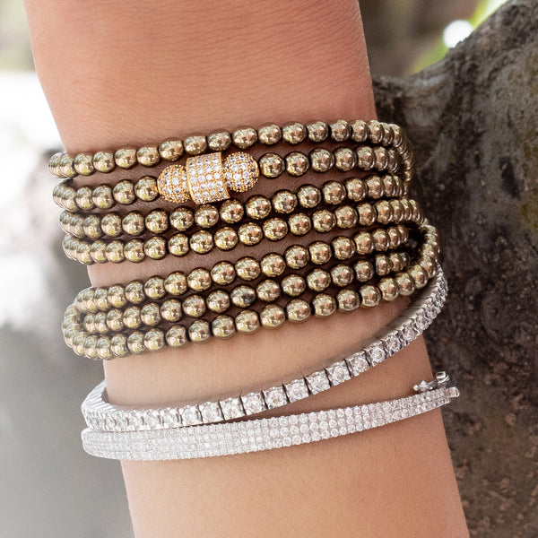 4mm Pyrite with Yellow Cubic Zirconia Seven Wrap Bracelet and Necklace