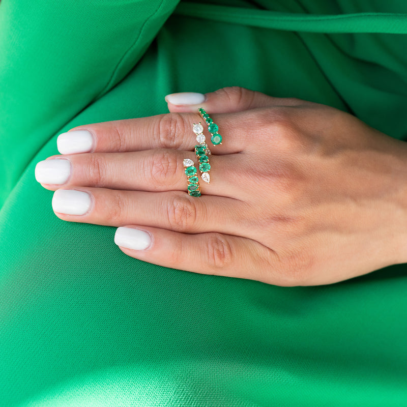 14 Karat Gold Emerald and Diamond Graduating Ring