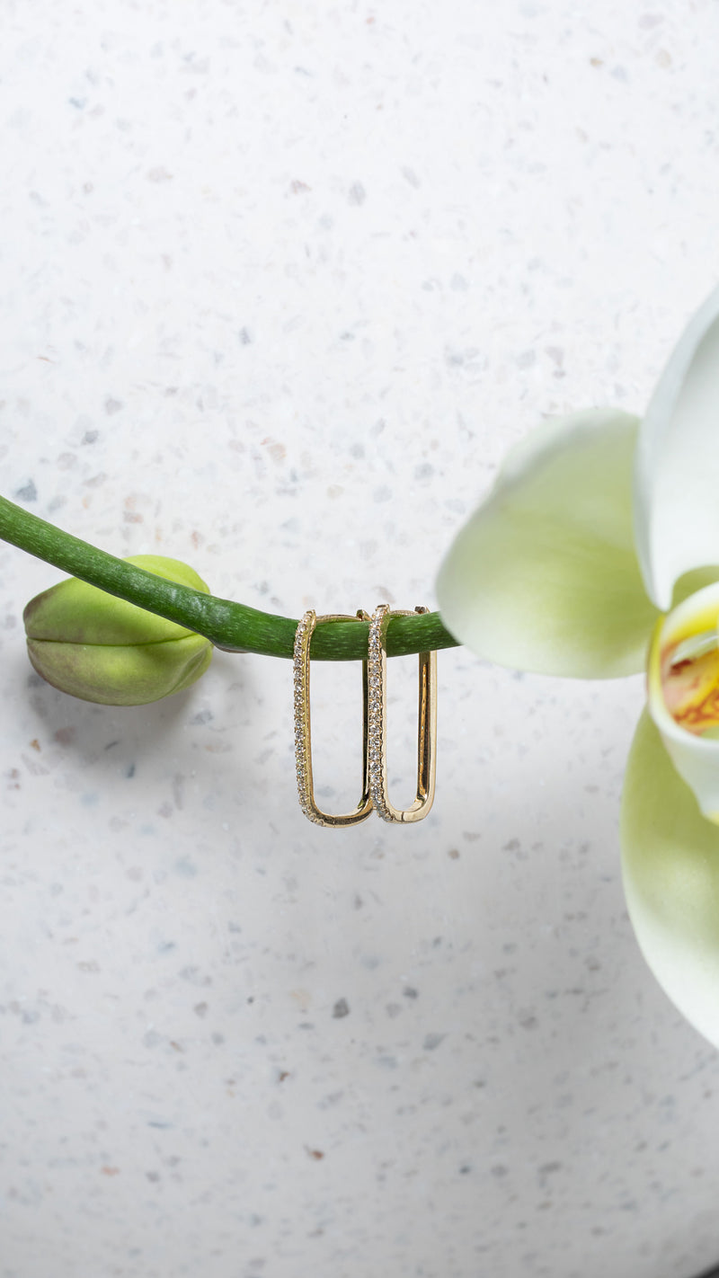 Yellow Gold and Diamond Everyday Timeless Rectangle Hoops