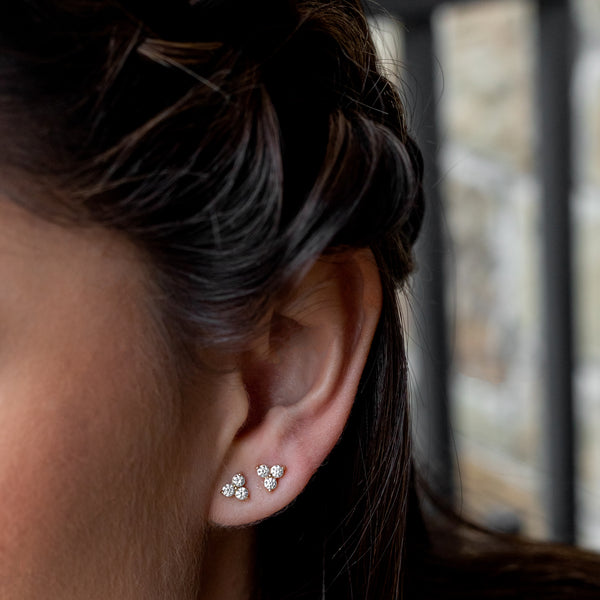 Tiny Yellow Gold Mini Three Brilliant Diamond Studs