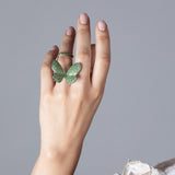 White Rhodium Silver and Emerald Fluttering Butterfly Ring