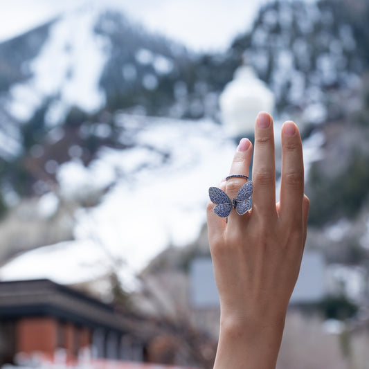 White Rhodium Silver and Blue Sapphire Fluttering Butterfly Ring