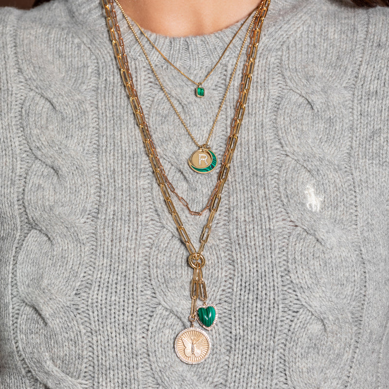 Gold Filled Chain with Gold and Diamond Butterfly and Malachite Heart Pendant Necklace