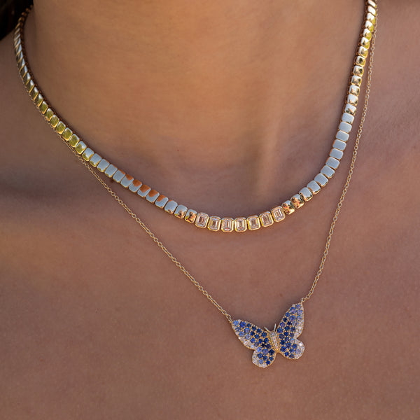14 Karat Seven Bezel Diamond Emerald Tennis Necklace