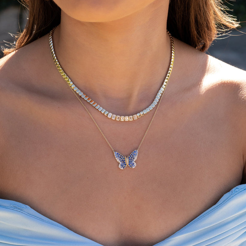 14 Karat Yellow Gold Blue Sapphire Ombré Butterfly Necklace