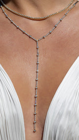 14 Karat Yellow Gold Lariat Diamond Bezel Necklace
