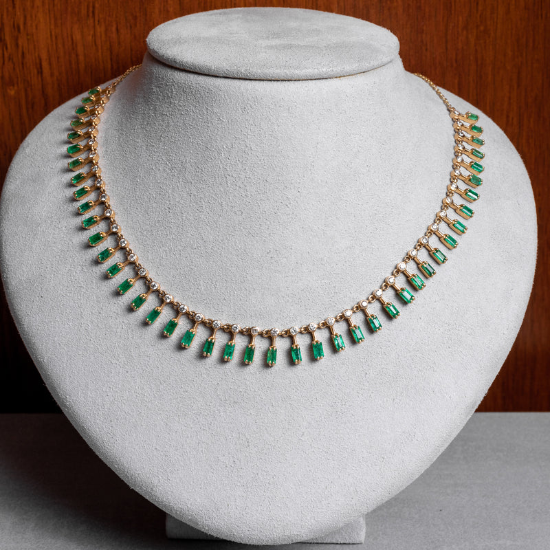 14 Karat Diamond and Emerald Baguette Necklace