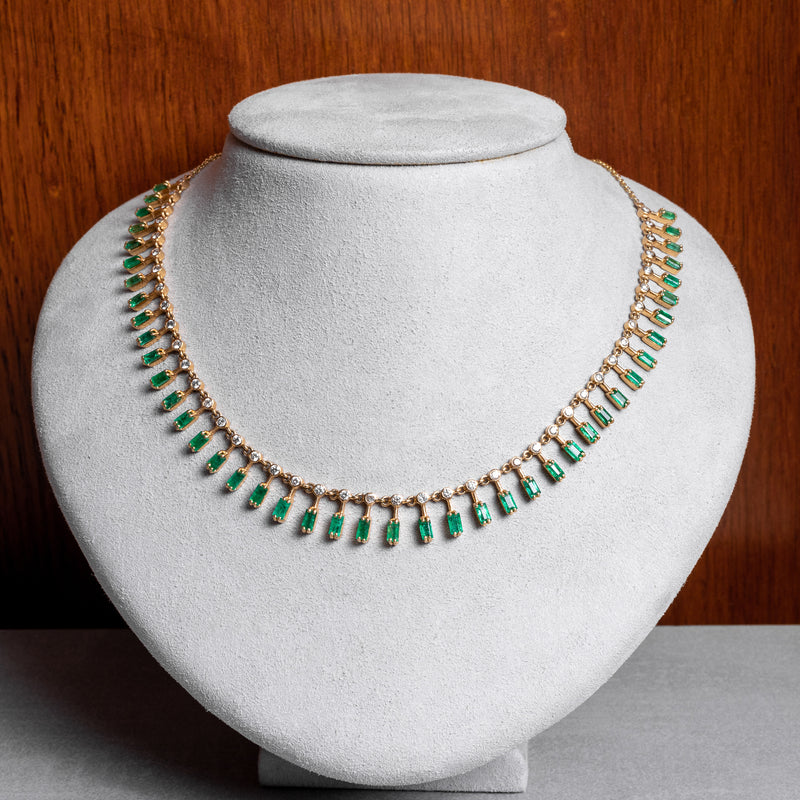 14 Karat Diamond and Emerald Baguette Necklace