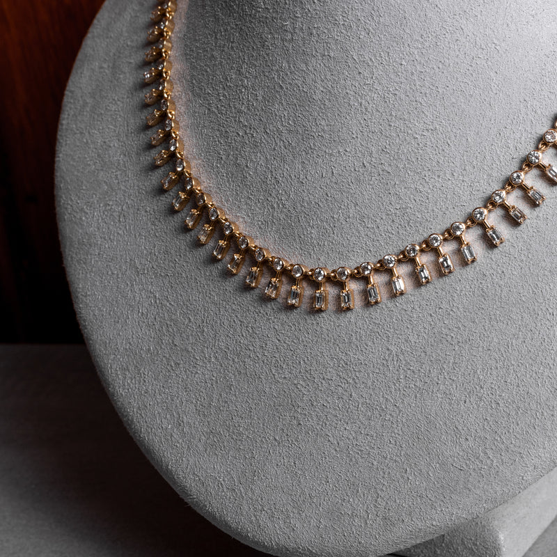 14 Karat Yellow Gold Diamond Baguette Necklace