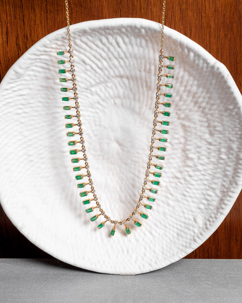 14 Karat Diamond and Emerald Baguette Necklace