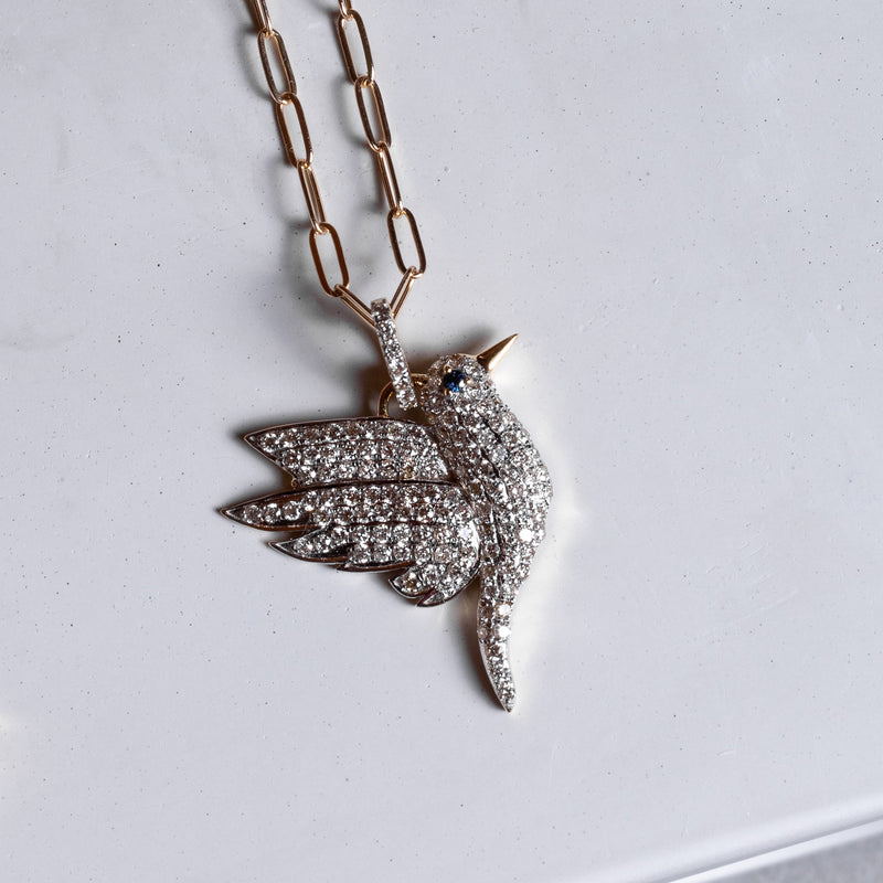 Two tone Diamond and Sapphire Humming Bird Charm