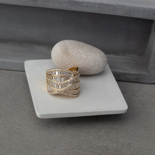 Yellow Gold Diamond Baguette Wave Ring