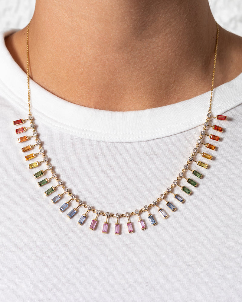 14 Karat Diamond and Sapphire Rainbow Baguette Necklace