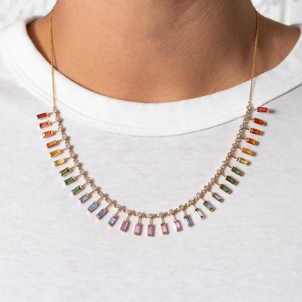 14 Karat Diamond and Sapphire Rainbow Baguette Necklace